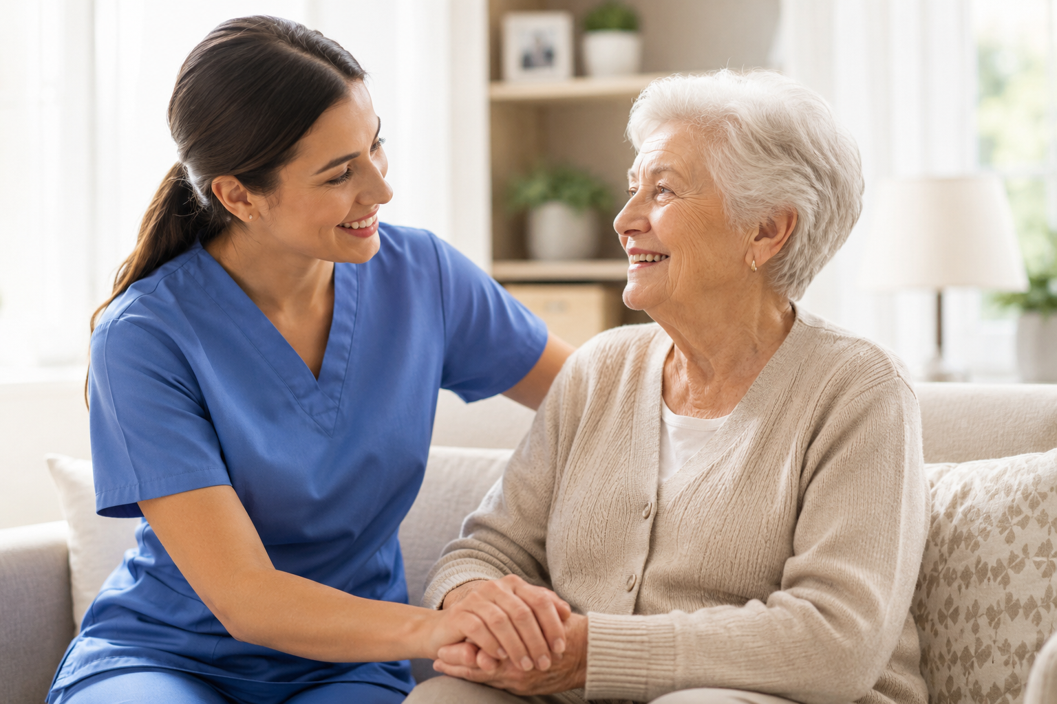 An aide and client at home in a sunlit kitchen